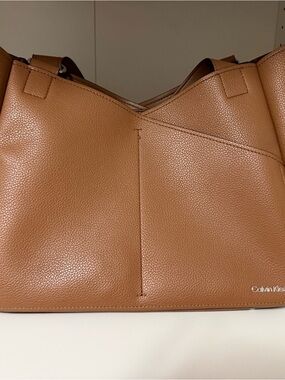 Calvin Klein Cognac Brown Pebbled Leather Messenger Bag with two Organizers